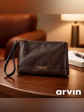 Coach Dark Brown Leather Wristlet with Gold Hardware